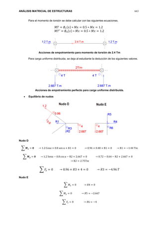ANÁLISIS MATRICIAL DE ESTRUCTURAS 663
Para el momento de torsión se debe calcular con las siguientes ecuaciones.
𝑀𝑇 = ∅1(𝑥) ∗ 𝑀𝑥 = 0.5 ∗ 𝑀𝑥 = 1.2
𝑀𝑇′
= ∅4(𝑥) ∗ 𝑀𝑥 = 0.5 ∗ 𝑀𝑥 = 1.2
Acciones de empotramiento para momento de torsión de 2.4 Tm
Para carga uniforme distribuida, se deja al estudiante la deducción de los siguientes valores.
Acciones de empotramiento perfecto para carga uniforme distribuida.
 Equilibrio de nudos
Nudo D
∑ 𝑴 𝒙 = 𝟎 → 1.2 Cosα + 0.8 sen α + R1 = 0 → 0.96 + 0.48 + R1 = 0 → R1 = −1.44 Tm
∑ 𝑴 𝒚 = 𝟎 → 1.2 Senα − 0.8 cos α − R2 + 2.667 = 0 → 0.72 − 0.64 − R2 + 2.667 = 0
→ R2 = 2.75Tm
∑ 𝐹𝑧 = 0 → 0.96 + 𝑅3 + 4 = 0 → 𝑅3 = −4.96 𝑇
Nudo E
∑ 𝑀 𝑥 = 0 → 𝑅4 = 0
∑ 𝑀 𝑦 = 0 → 𝑅5 = −2.667
∑ 𝐹𝑧 = 0 → 𝑅6 = −4
 