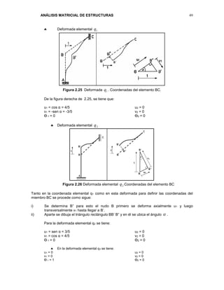 ANÁLISIS MATRICIAL DE ESTRUCTURAS 49
 Deformada elemental 1q
Figura 2.25 Deformada 1q . Coordenadas del elemento BC.
De la figura derecha de 2.25, se tiene que:
u1 = cos α = 4/5 u2 = 0
v1 = -sen α = -3/5 v2 = 0
Ө 1 = 0 Ө2 = 0
 Deformada elemental 2q
Figura 2.26 Deformada elemental 2q Coordenadas del elemento BC
Tanto en la coordenada elemental q1 como en esta deformada para definir las coordenadas del
miembro BC se procede como sigue:
i) Se determina B” para esto el nudo B primero se deforma axialmente u1 y luego
transversalmente v1 hasta llegar a B’.
ii) Aparte se dibuja el triángulo rectángulo BB’ B” y en él se ubica el ángulo  .
Para la deformada elemental q2 se tiene:
u1 = sen α = 3/5 u2 = 0
v1 = cos α = 4/5 v2 = 0
Ө 1 = 0 Ө2 = 0
 En la deformada elemental q3 se tiene:
u1 = 0 u2 = 0
v1 = 0 v2 = 0
Ө 1 = 1 Ө2 = 0
 