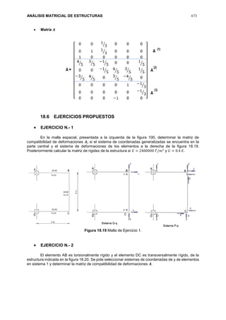ANÁLISIS MATRICIAL DE ESTRUCTURAS 673
 Matriz 𝑨
18.6 EJERCICIOS PROPUESTOS
 EJERCICIO N.- 1
En la malla espacial, presentada a la izquierda de la figura 100, determinar la matriz de
compatibilidad de deformaciones 𝑨, si el sistema de coordenadas generalizadas se encuentra en la
parte central y el sistema de deformaciones de los elementos a la derecha de la figura 18.19.
Posteriormente calcular la matriz de rigidez de la estructura si 𝐸 = 2400000 𝑇/𝑚2
y 𝐺 = 0.4 𝐸.
Figura 18.19 Malla de Ejercicio 1.
 EJERCICIO N.- 2
El elemento AB es torsionalmente rígido y el elemento DC es transversalmente rígido, de la
estructura indicada en la figura 18.20. Se pide seleccionar sistemas de coordenadas de y de elementos
en sistema 1 y determinar la matriz de compatibilidad de deformaciones 𝑨.
 