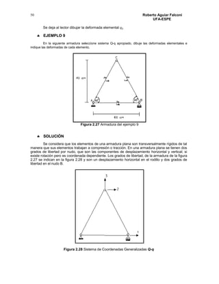 Roberto Aguiar Falconí
UFA-ESPE
50
Se deja al lector dibujar la deformada elemental 𝑞3
 EJEMPLO 9
En la siguiente armadura seleccione sistema Q-q apropiado, dibuje las deformadas elementales e
indique las deformadas de cada elemento.
Figura 2.27 Armadura del ejemplo 9
 SOLUCIÓN
Se considera que los elementos de una armadura plana son transversalmente rígidos de tal
manera que sus elementos trabajan a compresión o tracción. En una armadura plana se tienen dos
grados de libertad por nudo, que son las componentes de desplazamiento horizontal y vertical; si
existe rotación pero es coordenada dependiente. Los grados de libertad, de la armadura de la figura
2.27 se indican en la figura 2.28 y son un desplazamiento horizontal en el rodillo y dos grados de
libertad en el nudo B.
Figura 2.28 Sistema de Coordenadas Generalizadas Q-q
 