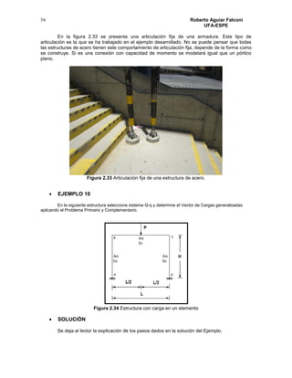 Roberto Aguiar Falconí
UFA-ESPE
54
En la figura 2.33 se presenta una articulación fija de una armadura. Este tipo de
articulación es la que se ha trabajado en el ejemplo desarrollado. No se puede pensar que todas
las estructuras de acero tienen este comportamiento de articulación fija, depende de la forma como
se construye. Si es una conexión con capacidad de momento se modelará igual que un pórtico
plano.
Figura 2.33 Articulación fija de una estructura de acero.
 EJEMPLO 10
En la siguiente estructura seleccione sistema Q-q y determine el Vector de Cargas generalizadas
aplicando el Problema Primario y Complementario.
Figura 2.34 Estructura con carga en un elemento
 SOLUCIÓN
Se deja al lector la explicación de los pasos dados en la solución del Ejemplo.
 
