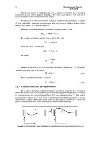 Roberto Aguiar Falconí
UFA-ESPE
78
Ahora si se elimina el empotramiento pero se coloca su momento M, se tendrá lo
ilustrado en la parte inferior izquierda de la figura 3.9, nótese que el giro es nulo tanto en el
nudo inicial como final a esto se denominará sistema I.
Por otra parte, al aplicar un momento cualquiera  de tal forma que produzca un ángulo
1 en el nudo inicial y los demás corrimientos de nudo cero, como se indica en la parte inferior
derecha de la figura 3.9, se tiene el sistema II.
El trabajo virtual del sistema I en el sistema II que se llamará TVI-II es:
)(1 xvPMTV III  
De otro lado el trabajo virtual del sistema II en I, TVI-II vale:
00  IIITV
Como TVI-II =TVI-II se tiene que:
0)(1  xvPM
De donde:
1
)(

xvP
M 
Al existir únicamente el giro 1 en el gráfico del sistema II, el valor de )()( 31 xxv 
. Al reemplazar este valor se encuentra.
)(3 xPM 
Por un procedimiento similar se obtiene:
)(6
'
xPM 
3.6.2 Cálculo de cortantes de empotramiento
En el sistema de cargas, indicado en la parte superior de la figura 3.9, se procede al
cálculo del cortante en el nudo inicial para esto se elimina el empotramiento perfecto y se coloca
un empotramiento móvil como lo ilustra la figura 3.10 pero actúa el cortante V . Este será el
nuevo sistema I, nótese que el nudo inicial no se desplaza verticalmente; para que se mueva
verticalmente se aplica una fuerza F de tal forma que produzca un corrimiento v1 y todos los
demás corrimientos de nudo nulos, teniéndose de esta manera el sistema II.
Figura 3.10 Sistemas I y II para el cálculo del cortante de empotramiento en el nudo inicial
(3.29)
(3.30)
 