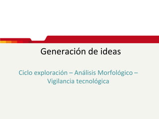 Generación de ideas

Ciclo exploración – Análisis Morfológico –
          Vigilancia tecnológica
 