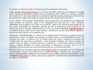 El nombre se influencia bajo la historia que lleva consigo la telenovela:
Jesús García (Fernando Colunga) es un joven muy bien parecido que trabaja en Chicago
como repartidor de pizzas y mesero en un restaurante de la Villita, en Chicago, estando
ahí desde hace 7 años para obtener la residencia legal de ese país, originario de Monterrey,
partiendo de su lugar natal luego de haber tenido una relación amorosa difícil.
En las noches, Jesús estudia contabilidad y busca superarse. Por medio de una página de
redes sociales en internet, Jesús ve las fotografías de una niña de 7 años, llamada:
Valentina, que al parecer es la hija de su exnovia. Jesús se da cuenta de que puede ser su
hija, pues el parecido es innegable, además de que la edad de la niña coincide con la
partida de Jesús a Chicago. Resultando ser su hija, su exnovia Verónica (Claudia Álvarez )
lo condiciona para verla, con un buen trabajo y residencia, así que Jesús decide regresar a
Monterrey, para conocer a su pequeña hija.
Jesúsbusca a UryPetrovsky, un cliente de la pizzería que le ofreció su ayuda en caso de
necesitarlo; Ury es un hombre con aspecto de mafioso que ve la posibilidad de utilizar los
servicios de Jesús, lo soborna con un boleto gratis de avión a cambio de llevarse una
“maleta llena de ropa para un hospicio”, Jesús aceptasin imaginar que traería consigo una
maleta llena de droga. Cuando aterriza en Monterrey, la autoridad aduanal detecta la
droga y Jesúses detenido; él intenta demostrar su inocencia y lo logra, pero no en su
totalidad, así que queda con antecedentes penales en su historial policiaco.
Mientras tanto, en una gran empresa, Alma (Blanca Soto) se desespera por un trabajo que
es encargado a Jesica, la secretaria de su cuñado Fernando, enojada entra a buscarla a su
oficina, encontrando a ambos en una situación intíma, Alma, harta de esa situación, llama
a Rogelio (Erick Elías), su novio, para que se ponga fin al bochornoso comportamiento de
Fernando, su hermano.
 
