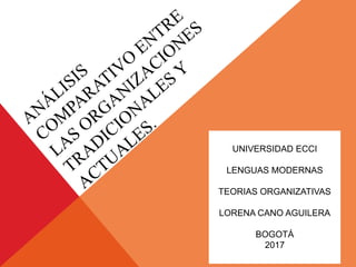 UNIVERSIDAD ECCI
LENGUAS MODERNAS
TEORIAS ORGANIZATIVAS
LORENA CANO AGUILERA
BOGOTÁ
2017
 
