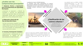 PLANEAMIENTO Y
TERRITORIO L - 3
UNIDAD I
2023 - II
Canchas Quincho, Evelin G.
Erazo Peña, Mirko Jesús.
Integrantes
G4 Huaman Cueto, Yasmin K.
Palomino Baca, Ariana Ivonne
Mg. Wincho Chilquillo, Omar
Angelo
Docente
¿Clasificación de los
centros urbanos ?
¿Cuáles son los
componentes principales?
1- Asistencia Técnica y Capacitación
para el Fortalecimiento de Capacidades
Municipales
comprende la exposición y difusión de
conceptos y técnicas de planeamiento
urbano que permitan elevar el nivel de las
capacidades locales para la formulación y
gestión de un Plan de Desarrollo Urbano.
2- Elaboración y Desarrollo del
Plan de Desarrollo Urbano
formula instrumentos de gestión que hagan
viable la ejecución de las propuestas del Plan
de Desarrollo Urbano, así como la regulación
de la funcionalidad, el ordenamiento y los
servicios del centro urbano
3- Consulta y Participación Ciudadana
CONCERTACION Y APROBACIÓN DE LAS
PROPUESTAS A TRAVES DE LOS
MECANISMOS DE PARTICIPACION
se determina una
clasificacion en base al
volumen de poblacion
a
r
e
a
s
m
e
t
r
o
p
o
l
i
t
a
n
a
s
o
c
i
u
d
a
d
e
s
m
a
y
o
r
e
s
La población es mayor a 250,000 habitantes .
se consideran como áreas metropolitanas los espacios
geoeconómicos definidos funcionalmente a partir de un centro
metropolitano que por su gran volumen de población, por sus
actividades (sociales; económicas; político administrativas;
culturales)
b
-
C
i
u
d
a
d
e
s
I
n
t
e
r
m
e
d
i
a
s
están en el rango de los 100,000 a 250,000 habitantes está
dedicada fundamentalmente a actividades terciarias y/o a
actividades ligadas a la agricultura ó agro-industria. Su
conformación generalmente esta dada por dos o tres
distritos.
c
-
C
i
u
d
a
d
e
s
M
e
n
o
r
e
s
Una población entre los 20,000 y 100,000
habitantes,generalmente su PEA está
dedicada a actividades terciarias y su
población está conformada generalmente
por adultos, mayores de 40 años y jóvenes
menores de 21 años
d
-
C
e
n
t
r
o
s
P
o
b
l
a
d
o
s
M
e
n
o
r
e
s
Su poblacion esta debajo de los 20,000
habitantes, aunque en su mayoría albergan de
1,000 a 5,000 habitantes. Estos centros
urbanos generalmente están conformados por
ámbitos urbanos rurales
 