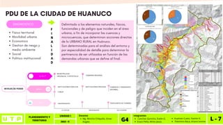 PLANEAMIENTO Y
TERRITORIO L - 7
UNIDAD I
2023 - II
Canchas Quincho, Evelin G.
Erazo Peña, Mirko Jesús.
Integrantes
G4 Huaman Cueto, Yasmin K.
Palomino Baca, Ariana Ivonne
Mg. Wincho Chilquillo, Omar
Angelo
Docente
PDU DE LA CIUDAD DE HUANUCO
Fisico territorial
Movilidad urbana
Economico
Gestion de riesgo y
medio ambiente
Social
Politico institucional
DIAGNOSTICO
F
I
N
A
L
I
D
A
D
Son determinadas para el análisis del entorno y
por especialidad de detalle para determinar la
pertinencia de ser utilizadas en función de las
demandas urbanas que se define al final.
Delimitado a los elementos naturales, físicos,
funcionales y de peligro que inciden en el área
urbana, a fin de incorporar las cuencas y
microcuencas, que determinan acciones directas
de lo URBANO RURAL en Huánuco.
NIVELES DE PODER
ALTO
BAJO
MEDIO
MUNICIPALIDAD
PROVINCIAL Y DISTRITALES
CUBUH
INSTITUCIONES PUBLICAS
UNIVERSIDADES
GOBIERNO REGIONAL
INSTITUCIONES PRIVADAS COMERCIO Y TRANSPORTE
INFORMAL
TRAFICANTES DE TERRENO
INDIFERENTE
A FAVOR EN CONTRA
 