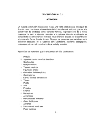 DESCRIPCIÓN CICLO 1
ACTIVIDAD 1
En nuestro primer plan de acción se realizó una visita a la biblioteca Municipal de
Acacias, esta cuenta con el servicio de la ludoteca la cual se formó gracias a la
contribución de entidades como: bienestar familiar, corporación día de la niñez,
programa de cero a siempre, atención a la primera infancia actualmente es
consolidada con el nombre de ludoteca nave itinerante dirigida por el coordinador
y ludotecario Carlos Andrés Acosta. El grupo de personas que participan en la
ejecución adecuada de la ludoteca son: ludotecario, auxiliares pedagógicos,
profesional psicosocial, coordinador local, salud y nutrición.
Algunos de los materiales que se encuentran en esta ludoteca son:
 Pinturas
 Juguetes formas tamaños de música
 Colchonetas
 Rompecabezas
 Tapetes mágicos
 Figuras de encaje
 Gimnasios fisioterapéutico
 Caminadores
 Libros, cuentos en variedad
 Títeres
 Pelota
 Aros
 Pinceles
 Loterías
 Memorizas
 Arma todos
 Manualidades en foamy
 Cajas de bloques
 Xilófonos
 Instrumentos musicales
 Papel higiénico
7
 