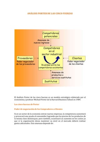 ANÁLISIS PORTER DE LAS CINCO FUERZAS

El Análisis Porter de las cinco fuerzas es un modelo estratégico elaborado por el
economista y profesor Michael Porter de la Harvard Business School en 1989.
Las cinco fuerzas de Porter
Poder de negociación de los Compradores o Clientes
Si en un sector de la economía entran nuevas empresas, la competencia aumentará
y provocará una ayuda al consumidor logrando que los precios de los productos de
la misma clase disminuyan; pero también, ocasionará un aumento en los costos ya
que si la organización desea mantener su nivel en el mercado deberá realizar
gastos adicionales. Esta amenaza depende de:

 