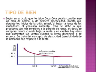  Según un articulo que he leído Coca Cola podría considerarse
un bien de normal o de primera s¡necesidad, puesto que
durante los inicios de la crisis actual, al bajar la renta de los
ciudadanos el consumo aumento. Esto se debe a que
productos son más sensibles a la pérdida de renta, es decir, se
compran menos cuando baja la renta y en cambio hay otros
que aumentan sus ventas cuando la renta disminuye o se
estanca. Se trata del concepto de elasticidad (sensibilidad) de
la demanda con respecto a la renta.
 