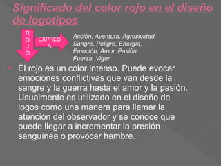 Significado del color rojo en el diseño
de logotipos
 El rojo es un color intenso. Puede evocar
emociones conflictivas que van desde la
sangre y la guerra hasta el amor y la pasión.
Usualmente es utilizado en el diseño de
logos como una manera para llamar la
atención del observador y se conoce que
puede llegar a incrementar la presión
sanguínea o provocar hambre.
R
O
J
O
EXPRES
A
Acción, Aventura, Agresividad,
Sangre, Peligro, Energía,
Emoción, Amor, Pasión,
Fuerza, Vigor
 