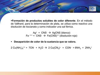 Formación de productos solubles de color diferente. En el método
de Vallhard, para la determinación de plata, se utiliza como reactivo una
disolución de tiocianato y como indicador una sal férrica.

                    Ag+ + CNS-  AgCNS (blanco)
             Fe +++ + CNS-  Fe(CNS)++ (disolución roja)

 Desaparición de color de la sustancia que se valora.

2 Cu(NH3)4++ + 7CN- + H2O  2 Cu(CN3)-- + CON- + 6NH3 + 2NH4+
 