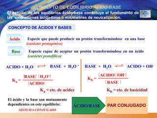 El estudio de los equilibrios ácido-base constituye el fundamento de
las valoraciones ácido-base o volumetrías de neutralización.

CONCEPTO DE ÁCIDOS Y BASES

 Ácido     Especie que puede producir un protón transformándose en una base
          (carácter protogénico)

  Base      Especie capaz de aceptar un protón transformándose en un ácido
           (carácter protofílico)

ACIDO + H2O              BASE + H3O +     BASE + H2O             ACIDO + OH-

         BASE H3    O+                            ACIDO OH-
  Ka =                                     Kb =
           ACIDO                                      BASE
               Ka = cte. de acidez                    Kb = cte. de basicidad

El ácido y la base son mutuamente
dependientes en este equilibrio:    ÁCIDO/BASE        PAR CONJUGADO
      SISTEMA CONJUGADO
 