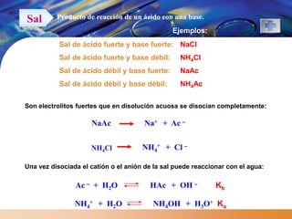 Sal       Producto de reacción de un ácido con una base.
                                                Ejemplos:
           Sal de ácido fuerte y base fuerte: NaCl
           Sal de ácido fuerte y base débil:      NH4Cl
           Sal de ácido débil y base fuerte:      NaAc
           Sal de ácido débil y base débil:       NH4Ac


Son electrolitos fuertes que en disolución acuosa se disocian completamente:

                     NaAc              Na+ + Ac –


                     NH4Cl            NH4+ + Cl –

Una vez disociada el catión o el anión de la sal puede reaccionar con el agua:

                Ac – + H2O              HAc + OH –            Kb

                NH4+ + H2O               NH4OH + H3O+ Ka
 