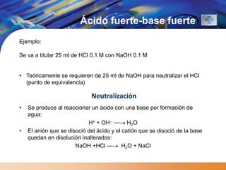 Ácido fuerte-base fuerte
Ejemplo:

Se va a titular 25 ml de HCl 0.1 M con NaOH 0.1 M


• Teóricamente se requieren de 25 ml de NaOH para neutralizar el HCl
  (punto de equivalencia)

                             Neutralización
•   Se produce al reaccionar un ácido con una base por formación de
    agua:
                            H+ + OH– — H2O
•   El anión que se disoció del ácido y el catión que se disoció de la base
    quedan en disolución inalterados:
                       NaOH +HCl —         H2O + NaCl
 