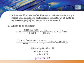 2. Adición de 25 ml de NaOH. Este es un calculo simple por que
   implica una reacción de neutralización completa. En el punto de
   equivalencia, [H+] = [OH-] y el pH de la solución es 7.

3. Adición de 35 ml de NaOH
 