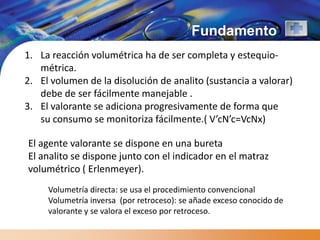 Fundamento
1. La reacción volumétrica ha de ser completa y estequio-
   métrica.
2. El volumen de la disolución de analito (sustancia a valorar)
   debe de ser fácilmente manejable .
3. El valorante se adiciona progresivamente de forma que
   su consumo se monitoriza fácilmente.( V’cN’c=VcNx)

El agente valorante se dispone en una bureta
El analito se dispone junto con el indicador en el matraz
volumétrico ( Erlenmeyer).
     Volumetría directa: se usa el procedimiento convencional
     Volumetría inversa (por retroceso): se añade exceso conocido de
     valorante y se valora el exceso por retroceso.
 