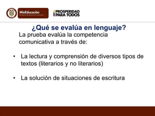 ¿Qué se evalúa en lenguaje?
La prueba evalúa la competencia
comunicativa a través de:
• La lectura y comprensión de diversos tipos de
textos (literarios y no literarios)
• La solución de situaciones de escritura

 