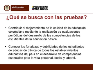 ¿Qué se busca con las pruebas?
• Contribuir al mejoramiento de la calidad de la educación
colombiana mediante la realización de evaluaciones
periódicas del desarrollo de las competencias de los
estudiantes de la educación básica.
• Conocer las fortalezas y debilidades de los estudiantes
de educación básica de todos los establecimientos
educativos del país en el desarrollo de competencias
esenciales para la vida personal, social y laboral.

 