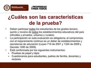 ¿Cuáles son las características
de la prueba?
•
•

•



Deben participar todos los estudiantes de los grados tercero,
quinto y noveno de todos los establecimientos educativos del país
(oficiales y privados, urbanos y rurales).
La participación en esta evaluación es obligatoria; el compromiso
con el mejoramiento continuo es un deber de establecimientos y
secretarías de educación (Leyes 715 de 2001 y 1324 de 2009 y
Decreto 1290 de 2009).
Está conformada por los siguientes instrumentos:
Pruebas de papel y lápiz
Cuestionarios para estudiantes, padres de familia, docentes y
rectores

 