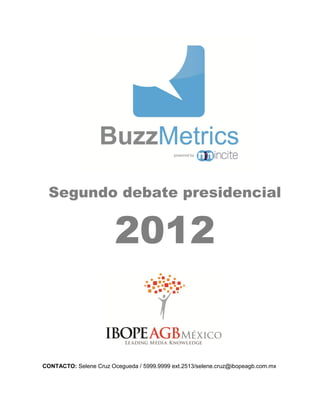 Segundo debate presidencial


                        2012


CONTACTO: Selene Cruz Ocegueda / 5999.9999 ext.2513/selene.cruz@ibopeagb.com.mx
 