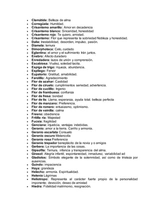  Clemátide: Belleza de alma
 Corregüela: Humildad.
 Crisantemo amarillo: Amor en decadencia
 Crisantemo blanco: Sinceridad, honestidad
 Crisantemo rojo: Te quiero, amistad.
 Crisantemo: Flor que representa la sobriedad Nobleza y honestidad.
 Dalia: Inestabilidad, desorden, impulso, pasión.
 Diamela: ternura
 Dimorphoteca: Celo, cuidado
 Eglantina: el amor y el sufrimiento Irán juntos.
 Enebro: Afecto duradero
 Enredadera: lazos de unión y comprensión.
 Escabiosa: Viudez, soledad tacita.
 Espiga de trigo: riqueza, abundancia.
 Espliego: Fervor
 Eupatorio: Gratitud, amabilidad.
 Farolillo: Agradecimiento
 Flor de azahar: Castidad
 Flor de ciruelo: cumplimientos seriedad, advertencia.
 Flor de cuclillo: Ingenio
 Flor de frambuesa: confianza
 Flor de fresa: bondad
 Flor de lis: Llama, esperanza, ayuda total. belleza perfecta
 Flor de manzano: Preferencia.
 Flor de romero: entusiasmo, optimismo.
 Flor de vainilla: calma
 Fresno: obediencia
 Fritilla ría: Majestad
 Fucsia: fragilidad
 Genciana: injusticia, ventajas indebidas.
 Geranio: amor a la tierra. Cariño y armonía.
 Geranio escarlata Consuelo
 Geranio oscuro Melancolía
 Geranio rosa Preferencia
 Geranio trepador beneplácito de la novia y o amigos
 Gerbera: La importancia de las cosas.
 Gipsofila: Ternura, infancia y transparencia del alma.
 Girasol: Alegría infantil, espontaneidad, inmadurez, variabilidad ad
 Gladiolos: Símbolo elegante de la solemnidad, así como de tristeza por
ausencias.
 Guindo: impaciencia
 Haya: grandeza
 Helecho: armonía. Espiritualidad.
 Helenio Lágrimas
 Heliotropo: Representa al carácter fuerte propio de la personalidad
imponente; devoción, deseo de amistad
 Hiedra: Fidelidad matrimonio, resignación.
 