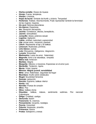  Hierba centella: Deseo de riqueza
 Hinojo: Fuerza, templanza.
 Hisopo: Limpieza
 Hojas de laurel: Símbolo de triunfo y victoria. Terquedad.
 Hortensia: frialdad. Aborrecimiento. Pude representar también la feminidad
de las mujeres mayores.
 Iris azul: Noticias placenteras
 Iris blanco: Esperanza
 Iris: Elevación del espíritu.
 Jacinto: Constancia, afectos, beneplácito.
 Jazmín: sensualidad.
 Junquillo: deseo, potencia sexual.
 Lagrima: Agitación
 Liatriz: virilidad, rusticidad y agresividad
 Lila: primer amor, inocencia, juventud.
 Lilium: Representa el lujo y la belleza.
 Limonuin: Rusticidad, primitivo.
 Lirio blanco: pureza
 Loto: Elocuencia, inteligencia, integración.
 Lunaria: Sinceridad
 Madreselva: Lazos de amor, fraternidad,
 Magnolia: Amor a la naturaleza, simpatía
 Malva real: Ambición
 Marbles: Alegría
 Margarita: Infancia e inocencia. Esperanza en el amor puro
 Membrillo: Tentación, lujuria.
 Menta: Virtud, lozanía
 Mimosa: Alegría juvenil, sensibilidad
 Mirto: amor, fraternidad, seguridad de hogar
 Muerdazo: triunfo sobre obstáculos
 Muget: fecundidad femenina
 Naranjo: seducción
 Narciso: Egoísmo, belleza interior
 Nardo: cita.
 Nenúfar: Pureza de corazón
 Olivo: Paz
 Olmo: belleza divina
 Orquídea: belleza, dulzura, sentimiento sublimes. Flor nacional
Colombiana.
 Ortiga: Crueldad, castigo.
 Osmunda: ilusión
 Pasionaria: fe, creencia.
 Pensamiento: recuerdo, nostalgia.
 Peonia: Veracidad
 Petunia: travesuras, picardía.
 Primavera: Gracia
 Protea: Salvajismo y rareza
 