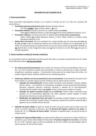 ANÁLISIS	
  SINTÁCTICO	
  –	
  ORACIÓN	
  SIMPLE	
  
Lengua	
  castellana	
  y	
  Literatura	
  –	
  3º	
  ESO	
  
3	
  
	
  
RESUMEN	
  DE	
  LOS	
  VALORES	
  DE	
  SE	
  
	
  
1.	
  Como	
  pronombre:	
  
	
  
Como	
   pronombre	
   desempeñará	
   siempre	
   en	
   la	
   oración	
   la	
   función	
   de	
   CD	
   o	
   CI.	
   Hay	
   tres	
   variantes	
   del	
  
pronombre	
  se:	
  
• Pronombre	
  personal	
  variante	
  de	
  le	
  o	
  les.	
  Siempre	
  funciona	
  como	
  CI	
  	
  
Di	
  el	
  libro	
  a	
  Pedro	
  =	
  Le	
  di	
  el	
  libro	
  a	
  Pedro	
  =	
  	
  Se	
  lo	
  di.	
  
• Pronombre	
  reflexivo.	
  Funciona	
  como	
  CD	
  o	
  CI.	
  Admite	
  añadir	
  a	
  sí	
  mismo.	
  	
  
Pedro	
  se	
  lavó	
  (Reflexiva	
  directa:	
  se	
  CD)/	
  Pedro	
  se	
  lavó	
  las	
  manos	
  (Reflexiva	
  indirecta:	
  se	
  CI)	
  
• Pronombre	
  recíproco.	
  Funciona	
  como	
  CD	
  o	
  CI.	
  Admite	
  añadir	
  el	
  uno	
  al	
  otro,	
  mutuamente.	
  
Pedro	
   y	
   María	
   se	
   escriben	
   (Recíproca	
   directa:	
   se	
   CD)	
   /	
   Pedro	
   y	
   María	
   se	
   escriben	
   cartas	
  
(Recíproca	
  indirecta:	
  se	
  CI).	
  
• Dativo	
  ético	
  o	
  de	
  interés.	
  No	
  es	
  un	
  verdadero	
  CI,	
  y	
  existe	
  también	
  para	
  las	
  otras	
  personas	
  (me,	
  te,	
  
le,	
  nos,	
  os,	
  les).	
  Indica	
  la	
  implicación	
  afectiva	
  de	
  su	
  referente	
  en	
  relación	
  con	
  lo	
  significado	
  por	
  el	
  
verbo.	
  Se	
  caracteriza	
  porque	
  se	
  puede	
  eliminar	
  sin	
  que	
  la	
  oración	
  cambie	
  de	
  significado:	
  Mi	
  bebé	
  no	
  
me	
  duerme	
  bien;	
  Su	
  hijo	
  no	
  le	
  come	
  nada;	
  Juan	
  se	
  leyó	
  la	
  novela	
  en	
  un	
  día;	
  María	
  se	
  creía	
  que	
  sin	
  
estudiar	
  aprobaría.	
  
	
  
2.	
  Como	
  morfema	
  verbal	
  (sin	
  función	
  sintáctica)	
  
	
  
Es	
  una	
  partícula	
  vacía	
  de	
  significado	
  que	
  forma	
  parte	
  del	
  verbo	
  y	
  se	
  analiza	
  conjuntamente	
  con	
  él.	
  Puede	
  
tener	
  diferentes	
  valores	
  que	
  hay	
  que	
  señalar:	
  	
  
	
  
	
  
! De	
  verbo	
  pronominal	
  permanente:	
  Estos	
  verbos	
  van	
  siempre	
  en	
  forma	
  seudorreflexiva.	
  Me,	
  te,	
  se,	
  
etc.,	
  son	
  meros	
  morfemas	
  verbales	
  que	
  concuerdan	
  en	
  número	
  y	
  persona	
  con	
  el	
  sujeto.	
  Ejemplo:	
  
arrepentirse,	
  suicidarse,	
  quejarse…	
  El	
  pronombre	
  forma	
  parte	
  de	
  la	
  unidad	
  léxica	
  del	
  verbo	
  y	
  no	
  
cumple	
  ninguna	
  función	
  sintáctica.	
  Alterna	
  con	
  las	
  restantes	
  personas.	
  	
  
	
  
! Verbos	
  que	
  admiten	
  una	
  forma	
  pronominal	
  y	
  otra	
  no	
  pronominal.	
  El	
  pronombre	
  forma	
  parte	
  de	
  la	
  
forma	
  verbal	
  y	
  no	
  cumple	
  ninguna	
  función	
  sintáctica,	
  pero	
  sí	
  aporta	
  valores	
  al	
  verbo:	
  
• Indicador	
  de	
  intransitivización:	
  Ciertos	
  verbos	
  transitivos	
  como	
  levantar	
  o	
  desviar,	
  alegrar,	
  
divertir,	
  aburrir…	
  se	
  convierten	
  en	
  intransitivos	
  al	
  adoptar	
  la	
  forma	
  pronominal	
  (levantarse,	
  
desviarse,	
   alegrarse,	
   aburrirse,	
   divertirse,	
   dormirse…).	
   Además	
   de	
   la	
   intransitivización,	
  
semánticamente	
  pueden	
  indicar	
  voz	
  media,	
  es	
  decir,	
  proceso	
  que	
  sucede	
  en	
  el	
  sujeto.	
  
• Indicador	
   de	
   aspecto	
   incoativo	
   (acción	
   en	
   su	
   comienzo):	
   Ciertos	
   verbos	
   intransitivos	
   (por	
  
ejemplo,	
   los	
   de	
   movimiento)	
   adquieren	
   ese	
   matiz	
   aspectual	
   cuando	
   adoptan	
   la	
   forma	
  
pronominal,	
  tal	
  como	
  es	
  el	
  caso	
  de	
  dormirse,	
  irse.	
  
• Modificador	
  del	
  significado	
  léxico	
  del	
  verbo:	
  Por	
  ejemplo,	
  acordar	
  (=llegar	
  a	
  un	
  acuerdo)	
  y	
  
acordarse	
  de	
  (=recordar);	
  ocupar	
  (=llenar	
  un	
  espacio)	
  y	
  ocuparse	
  de	
  (=hacerse	
  cargo	
  de	
  algo	
  o	
  
alguien).	
  Son	
  ya	
  unidades	
  léxicas	
  distintas.	
  
	
  
! Indicador	
  de	
  pasiva	
  refleja:	
  El	
  sujeto	
  no	
  realiza	
  la	
  acción	
  sino	
  que	
  la	
  sufre,	
  pero	
  el	
  verbo	
  va	
  en	
  voz	
  
activa.	
  La	
  oración	
  adquiere	
  la	
  estructura	
  	
  se	
  +	
  3ª	
  persona	
  del	
  singular	
  o	
  plural	
  en	
  voz	
  activa.	
  La	
  
función	
  de	
  “se”	
  es	
  “Indicador	
  de	
  Pasiva	
  refleja”.	
  Ejemplos:	
  Se	
  alquilan	
  trajes;	
  	
  Se	
  oye	
  por	
  ahí	
  que	
  va	
  
a	
  llover	
  mucho.	
  
	
  
! Indicador	
  de	
  impersonalidad	
  refleja:	
  Las	
  impersonales	
  reflejas	
  son	
  oraciones	
  sin	
  sujeto	
  sintáctico	
  ni	
  
semántico,	
  cuyo	
  núcleo	
  verbal	
  adopta	
  la	
  fórmula	
  se	
  +	
  3ª	
  persona	
  singular	
  en	
  voz	
  activa.	
  La	
  función	
  
de	
  “se”	
  es	
  ºº.	
  	
  Ejemplo:	
  Aquí	
  se	
  está	
  muy	
  abrigado;	
  Se	
  ha	
  visto	
  a	
  María	
  muy	
  preocupada;	
  Aquí	
  se	
  
come	
  muy	
  bien;	
  Se	
  me	
  ha	
  hecho	
  tarde.	
  
 