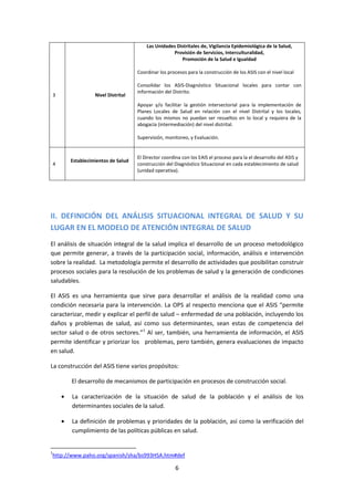 Las Unidades Distritales de, Vigilancia Epidemiológica de la Salud,
Provisión de Servicios, Interculturalidad,
Promoción de la Salud e Igualdad
Coordinar los procesos para la construcción de los ASIS con el nivel local

3

Nivel Distrital

Consolidar los ASIS-Diagnóstico Situacional locales para contar con
información del Distrito.
Apoyar y/o facilitar la gestión intersectorial para la implementación de
Planes Locales de Salud en relación con el nivel Distrital y los locales,
cuando los mismos no puedan ser resueltos en lo local y requiera de la
abogacía (intermediación) del nivel distrital.
Supervisión, monitoreo, y Evaluación.

4

Establecimientos de Salud

El Director coordina con los EAIS el proceso para la el desarrollo del ASIS y
construcción del Diagnóstico Situacional en cada establecimiento de salud
(unidad operativa).

II. DEFINICIÓN DEL ANÁLISIS SITUACIONAL INTEGRAL DE SALUD Y SU
LUGAR EN EL MODELO DE ATENCIÓN INTEGRAL DE SALUD
El análisis de situación integral de la salud implica el desarrollo de un proceso metodológico
que permite generar, a través de la participación social, información, análisis e intervención
sobre la realidad. La metodología permite el desarrollo de actividades que posibilitan construir
procesos sociales para la resolución de los problemas de salud y la generación de condiciones
saludables.
El ASIS es una herramienta que sirve para desarrollar el análisis de la realidad como una
condición necesaria para la intervención. La OPS al respecto menciona que el ASIS “permite
caracterizar, medir y explicar el perfil de salud – enfermedad de una población, incluyendo los
daños y problemas de salud, así como sus determinantes, sean estas de competencia del
sector salud o de otros sectores.”1 Al ser, también, una herramienta de información, el ASIS
permite identificar y priorizar los problemas, pero también, genera evaluaciones de impacto
en salud.
La construcción del ASIS tiene varios propósitos:
El desarrollo de mecanismos de participación en procesos de construcción social.
La caracterización de la situación de salud de la población y el análisis de los
determinantes sociales de la salud.
La definición de problemas y prioridades de la población, así como la verificación del
cumplimiento de las políticas públicas en salud.

1

http://www.paho.org/spanish/sha/bs993HSA.htm#def

6

 