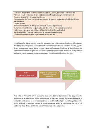 Formación de pandillas juveniles violentas (Cobras, Cotolos, Solitarios, Colmenas, etc)
Violencia sexual y violencia de género (violaciones frecuentes / agresión a mujeres)
Consumo de alcohol y drogas entre jóvenes
Cambios culturales en el estrato de la población de jóvenes indígenas –pérdida del kichwaHacinamiento
Trabajo infantil
Presencia importante de discapacidades (105 en toda la parroquia)
Contaminación ambiental en quebradas por depósito de residuos contaminantes
Inadecuado manejo de los residuos sólidos (se vierte en las quebradas)
Uso de pesticidas y manejo inadecuado de los desechos peligrosos.
En las comunidades alejadas, dificultad de acceso, etc, etc.

El análisis de las DSS se plantea entender las causas que están motivando esos problemas para
dar la respectiva respuesta y solución desde las diferentes instancias y actores sociales, y parte
de un proceso que puede darse en tres etapas definidas partiendo de la identificación del
problema a través del diagnóstico situacional y de la priorización del mismo. En el esquema de
abajo se presenta los pasos fundamentales para el análisis e incidencia en las DSS.

Datos
Diagnóstico Situacional

Análisis de la información e
identificación de los
problemas

Planteamiento de
soluciones basado en el
conocimiento de las
"causas de las causas"
DSS

Para esto es necesario tomar en cuenta que junto con la identificación de los principales
problemas y la priorización de los mismos que se hace en función de la perspectiva de la
población. Junto a esto se hace la selección de un problema focal para el análisis y el desarrollo
de un árbol de problemas, que es la herramienta que ayuda a comprender las raíces del
problema, el eje de ese problema, sus ramificaciones, y consecuencias.

60

 