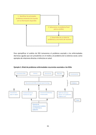 1. Identificar los principales
problemas existentes de acuerdo
con la información disponible.

2. Seleccionar un problema focal
para su análisis

3. Desarrollar de un árbol de
problemas y una matriz de resumen

Para ejemplificar el análisis de DSS tomaremos el problema asociado a las enfermedades
diarreicas agudas que son prevalentes en el medio y el problema de la violencia social, como
ejemplos de relaciones directas e indirectas en salud.

Ejemplo 1: Árbol de problemas enfermedades recurrentes asociadas a las EDAs

Incremento EDAs

Anemia

Desnutrición

Bajo peso

Consecuencias

Recurrencia de EDAs en la parroquia Imantag

Consumo de
agua no segura

Contaminación de
fuentes de agua

Consumo de alimentos
contaminados

Problema

Déficit de servicios
básicos en la población
indígena rural.
Causa
s

Ausencia de
infraestructura sanitaria
en el 90,3% de la
población.

61

 