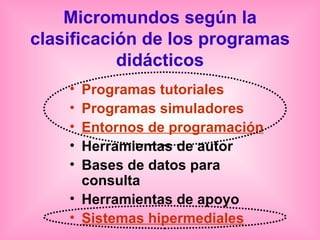 Micromundos según la clasificación de los programas didácticos Programas tutoriales Programas simuladores Entornos de programación Herramientas de autor Bases de datos para consulta Herramientas de apoyo Sistemas hipermediales