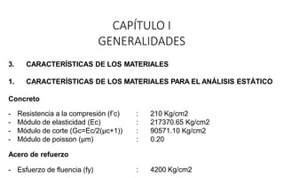 CAPÍTULO I
GENERALIDADES
3. CARACTERÍSTICAS DE LOS MATERIALES
1. CARACTERÍSTICAS DE LOS MATERIALES PARA EL ANÁLISIS ESTÁTICO
Concreto
- Resistencia a la compresión (f’c)
- Módulo de elasticidad (Ec)
- Módulo de corte (Gc=Ec/2(µc+1))
- Módulo de poisson (µm)
: 210 Kg/cm2
: 217370.65 Kg/cm2
: 90571.10 Kg/cm2
: 0.20
Acero de refuerzo
- Esfuerzo de fluencia (fy) : 4200 Kg/cm2
 