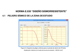 4.1 PELIGRO SÍSMICO DE LA ZONA DE ESTUDIO
Figura 4.3. Espectro de peligro uniforme para un periodo de retorno de 475 años
Aceleración máxima en el suelo de la zona de estudio = 448.45 cm/s2
NORMA E.030 “DISEÑO SISMORRESISTENTE”
 