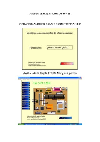 Análisis tarjetas madres genéricas


GERARDO ANDRES GIRALDO SINISTERRA 11-2




  Análisis de la tarjeta tm599LMR y sus partes
 