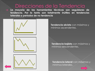    La mayoría de las herramientas técnicas son seguidores de
    tendencia. Por lo tanto son totalmente inútiles en tendencias
    laterales o periodos de no tendencia


                                   Tendencia alcista con máximos y
                                   mínimos ascendentes.




                                   Tendencia bajista con máximos y
                                   mínimos descendentes.




                                    Tendencia lateral con máximos y
                                    mínimos laterales.
 