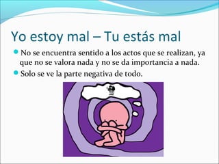 Yo estoy mal – Tu estás mal
No se encuentra sentido a los actos que se realizan, ya

que no se valora nada y no se da importancia a nada.
Solo se ve la parte negativa de todo.

 