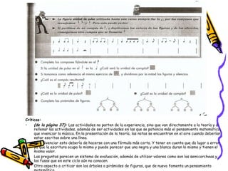 Críticas:  (de la página 37):  Las actividades no parten de la experiencia, sino que van directamente a la teoría y a rellenar las actividades, además de ser actividades en las que se potencia más el pensamiento matemático, que vivenciar la música. En la presentación de la teoría, las notas se encuentran en el aire cuando deberían estar escritas sobre una línea.  Para vivenciar esto debería de hacerse con una fórmula más corta. Y tener en cuenta que da lugar a error ya que la escritura ocupa lo mismo y puede parecer que una negra y una blanca duran lo mismo y tienen el mismo valor. Las preguntas parecen un sistema de evaluación, además de utilizar valores como son las semicorcheas y las fusas que en este ciclo aún no conocen.  Otro aspecto a criticar son los árboles o pirámides de figuras, que de nuevo fomenta un pensamiento matemático.  