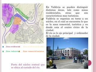 Zona residencial Zona residencial turística
Zona comercial turísticaZona industrial
En Valdivia se pueden distinguir
distintas áreas, tale como zonas
residenciales, otras que son
características mas turísticas.
Valdivia se organiza en torno a un
núcleo, en el cual se encuentra lo que
es la zona comercial, turística y en
donde esta el centro cívico de la
ciudad.
El rio es le eje principal y ordenador
de la ciudad.
Parte del núcleo central que
se ubica al costado del rio.
 