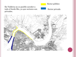En Valdivia no es posible acceder a
todo el borde Rio, ya que sectores son
privados.
Sector público
Sector privado
 