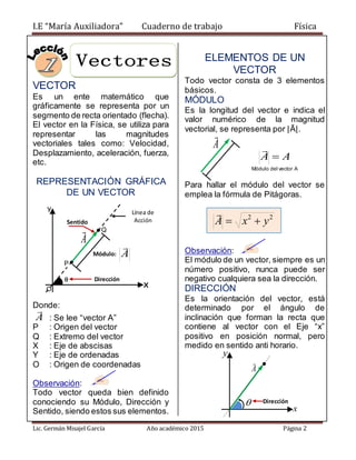 I.E “María Auxiliadora” Cuaderno de trabajo Física
Lic. Germán Misajel García Año académico 2015 Página 2
VECTOR
Es un ent...