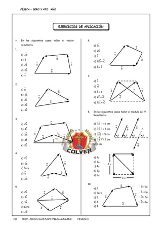 FÍSICA – 3ERO Y 4TO AÑO
PROF. JOHAU GUSTAVO VILCA MAMANI FISICA I
154
 En los siguientes casos hallar el vector
resultante.
1.
a) d
2
b) a
c) a
2
d) b
2
e) c
2.
a) b
b) c
2
c) c
3
d) a
2
e) a
3
3.
a) a
2
b) c
3
c) d
3
d) f
3
e) b
2
4.
a) c
2
b) b
2
c) Cero
d) b
e) d
2
5.
a) b
2
b) c
3
c) e
3
d) Cero
e) a
2
6.
a) c
2
b) b
2
c) c
d) )
c
b
(
2 
e) c
b 
7.
a) c
b) d
c) d
c 
d) d
c
2 
e) )
d
c
(
2 
8. En los siguientes casos hallar el módulo del V.
Resultante:
a)  a  = 6 cm
b)  b  = 3 cm
c)  c  = 5 cm
d)  d  = 2 cm
e) 6 cm
9.
a) 3
b) 2
c) 4
d) 5
e) 6
10.
a) 2
b) Cero
c) 5
d) 3
e) 4
EJERCICIOS DE APLICACIÓN
a c
d
b
a
c
b
a
c
b
d e
f
a
c
b
d
a
c
b
d e
a
c
d
b
a c
d
b
a c
d
b
   
2 
2 
a
c
d
b 
 2
|
a
|

 1
|
b
|

 4
|
c
|

 6
|
d
|
 