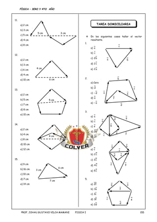 FÍSICA – 3ERO Y 4TO AÑO
PROF. JOHAU GUSTAVO VILCA MAMANI FISICA I 155
11.
a) 2 cm
b) 3 cm
c) 5 cm
d) 4 cm
e) 8 cm
12.
a) 2 cm
b) 3 cm
c) 6 cm
d) 4 cm
e) 10 cm
13.
a) 2 cm
b) 5 cm
c) 7 cm
d) 8 cm
e) 10 cm
14.
a) 2 cm
b) 4 cm
c) 8 cm
d) 10 cm
e) 12 cm
15.
a) 9 cm
b) 16 cm
c) 10 cm
d) 7 cm
e) 14 cm
TAREA DOMICILIARIA
 En los siguientes casos hallar el vector
resultante.
1.
a) a
b) c
c) b
2
d) c
2
e) a
2
2.
a) Cero
b) d
c) d
–
d) a
e) a
–
3.
a) a
b) c
c) e
d) e
2
e) f
2
4.
a) c
b) c
2
c) c
3
d) c
4
e) c
5
5.
a) f
2
b) a
3
c) c
3
d) f
3
e) d
2
5 cm 3 cm
6 cm
4 cm
5 cm
4 cm
7 cm
3 cm
6 cm
a
c
b
a
c
b
f
e
d
a
c
b
f
e
d
g
a
c
b
f
e
d
g
a
b
e
c
d
f
 