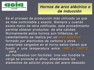 Hornos de arco eléctrico oHornos de arco eléctrico o
de inducciónde inducción
Es el proceso de producción más utilizado ya queEs el proceso de producción más utilizado ya que
es más controlable y exacto. Siempre y cuandoes más controlable y exacto. Siempre y cuando
exista mano de obra calificada, este procedimientoexista mano de obra calificada, este procedimiento
permite obtener productos de alta calidad.permite obtener productos de alta calidad.
Normalmente estos hornos son trifásicos, elNormalmente estos hornos son trifásicos, el
calentamiento se realiza por uncalentamiento se realiza por un arco eléctricoarco eléctrico
formado por electrodos de carbono y otrosformado por electrodos de carbono y otros
materiales cargados en el horno estos tienen quemateriales cargados en el horno estos tienen que
fundir a una temperatura entrefundir a una temperatura entre 1400 y 1500°C1400 y 1500°C
parapara
ser moldeados con facilidad. Una vez fundida laser moldeados con facilidad. Una vez fundida la
carga se procede al afino, añadiéndole loscarga se procede al afino, añadiéndole los
elementos de adición propios del acero deseado.elementos de adición propios del acero deseado.
 