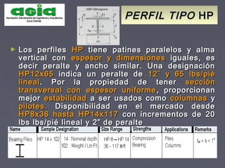 PERFIL TIPOPERFIL TIPO HPHP
► Los perfilesLos perfiles HPHP tiene patines paralelos y almatiene patines paralelos y alma
vertical convertical con espesor y dimensionesespesor y dimensiones iguales, esiguales, es
decir peralte y ancho similar. Una designacióndecir peralte y ancho similar. Una designación
HP12x65HP12x65 indica un peralte deindica un peralte de 12¨ y 65 lbs/pié12¨ y 65 lbs/pié
lineallineal. Por la propiedad de tener. Por la propiedad de tener secciónsección
transversal con espesor uniformetransversal con espesor uniforme , proporcionan, proporcionan
mejormejor estabilidadestabilidad a ser usados comoa ser usados como columnascolumnas yy
pilotes.pilotes. Disponibilidad en el mercado desdeDisponibilidad en el mercado desde
HP8x36 hasta HP14x117HP8x36 hasta HP14x117 con incrementos de 20con incrementos de 20
lbs lbs/pié lineal y 2” de peraltelbs lbs/pié lineal y 2” de peralte
 