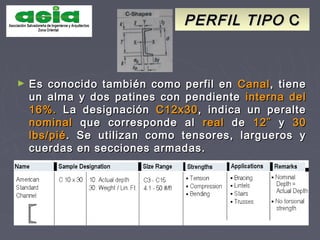 PERFIL TIPOPERFIL TIPO CC
► Es conocido también como perfil enEs conocido también como perfil en CanalCanal, tiene, tiene
un alma y dos patines con pendienteun alma y dos patines con pendiente interna delinterna del
16%.16%. La designaciónLa designación C12x30C12x30, indica un peralte, indica un peralte
nominalnominal que corresponde alque corresponde al realreal dede 12¨12¨ yy 3030
lbs/piélbs/pié. Se utilizan como tensores, largueros y. Se utilizan como tensores, largueros y
cuerdas en secciones armadas.cuerdas en secciones armadas.
 