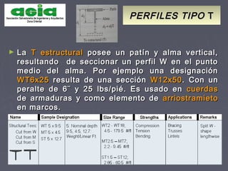 PERFILES TIPOPERFILES TIPO TT
► LaLa T estructuralT estructural posee un patín y alma vertical,posee un patín y alma vertical,
resultando de seccionar un perfil W en el puntoresultando de seccionar un perfil W en el punto
medio del alma. Por ejemplo una designaciónmedio del alma. Por ejemplo una designación
WT6x25WT6x25 resulta de una secciónresulta de una sección W12x50W12x50. Con un. Con un
peralte de 6¨ y 25 lbs/pié. Es usado enperalte de 6¨ y 25 lbs/pié. Es usado en cuerdascuerdas
de armaduras y como elemento dede armaduras y como elemento de arriostramietoarriostramieto
en marcos.en marcos.
 