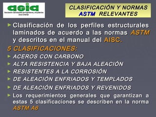CLASIFICACIÓN Y NORMASCLASIFICACIÓN Y NORMAS
ASTMASTM RELEVANTESRELEVANTES
► Clasificación de los perfiles estructuralesClasificación de los perfiles estructurales
laminados de acuerdo a las normaslaminados de acuerdo a las normas ASTMASTM
y descritos en el manual dely descritos en el manual del AISC.AISC.
5 CLASIFICACIONES:5 CLASIFICACIONES:
► ACEROS CON CARBONOACEROS CON CARBONO
► ALTA RESISTENCIA Y BAJA ALEACIÓNALTA RESISTENCIA Y BAJA ALEACIÓN
► RESISTENTES A LA CORROSIÓNRESISTENTES A LA CORROSIÓN
► DE ALEACIÓN ENFRIADOS Y TEMPLADOSDE ALEACIÓN ENFRIADOS Y TEMPLADOS
► DE ALEACIÓN ENFRIADOS Y REVENIDOSDE ALEACIÓN ENFRIADOS Y REVENIDOS
► Los requerimientos generales que garantizan aLos requerimientos generales que garantizan a
estas 5 clasificaciones se describen en la normaestas 5 clasificaciones se describen en la norma
ASTM A6ASTM A6
 