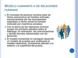 MODELO HUMANISTA O DE RELACIONES
HUMANAS
 El concepto de persona humana pasó de
Homo economicus (el hombre motivado
exclusivamente por las recompensas
salariales) a Homo social (el hombre
motivado por incentivos sociales).
 Con la teoría de las relaciones humana
surgen los primeros estudios sobre el
liderazgo, la motivación, las comunicaciones
y demás asuntos relacionados con las
personas.
 El modelo humanista no consiguió desarrollar
un modelo de puestos que sustituyera al
modelo tradicional. Únicamente atendió a lo
externo y lo superﬁcial del puesto.
 