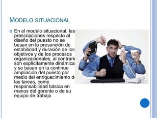 MODELO SITUACIONAL
 En el modelo situacional, las
prescripciones respecto al
diseño del puesto no se
basan en la presunción de
estabilidad y duración de los
objetivos y de los procesos
organizacionales, al contrario,
son explícitamente dinámicas
y se basan en la continua
ampliación del puesto por
medio del enriquecimiento de
las tareas, como
responsabilidad básica en
manos del gerente o de su
equipo de trabajo
 